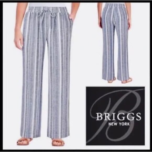 Briggs Women's Linen Blend Pull-On Pants, Blue Stripe, Size Medium - Picture 1 of 7